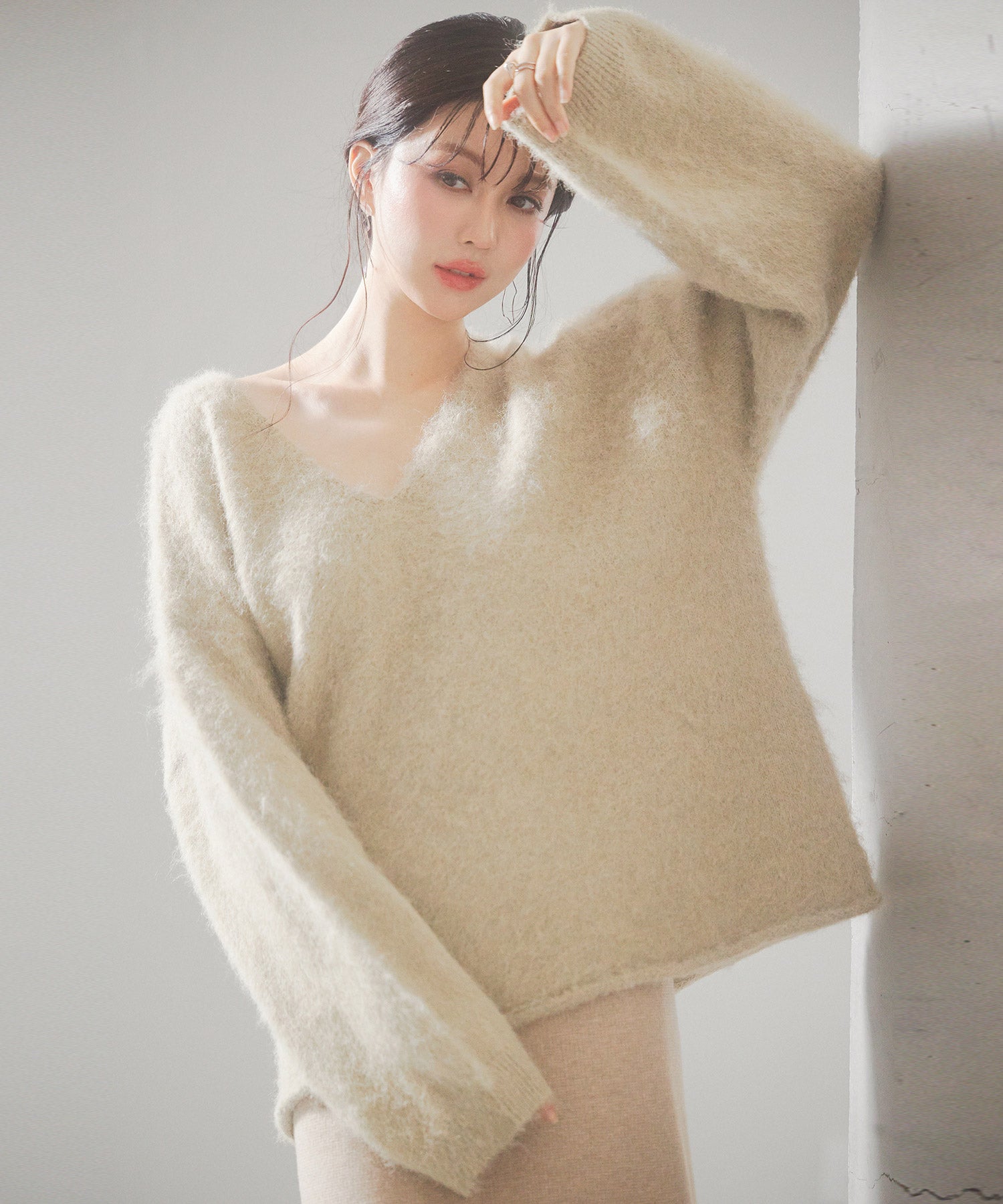 深めVネックドロップショルダーニットプルオーバーsdp8042 ベージュ