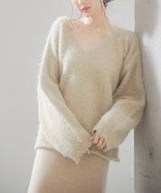 深めVネックドロップショルダーニットプルオーバーsdp8042 ベージュ