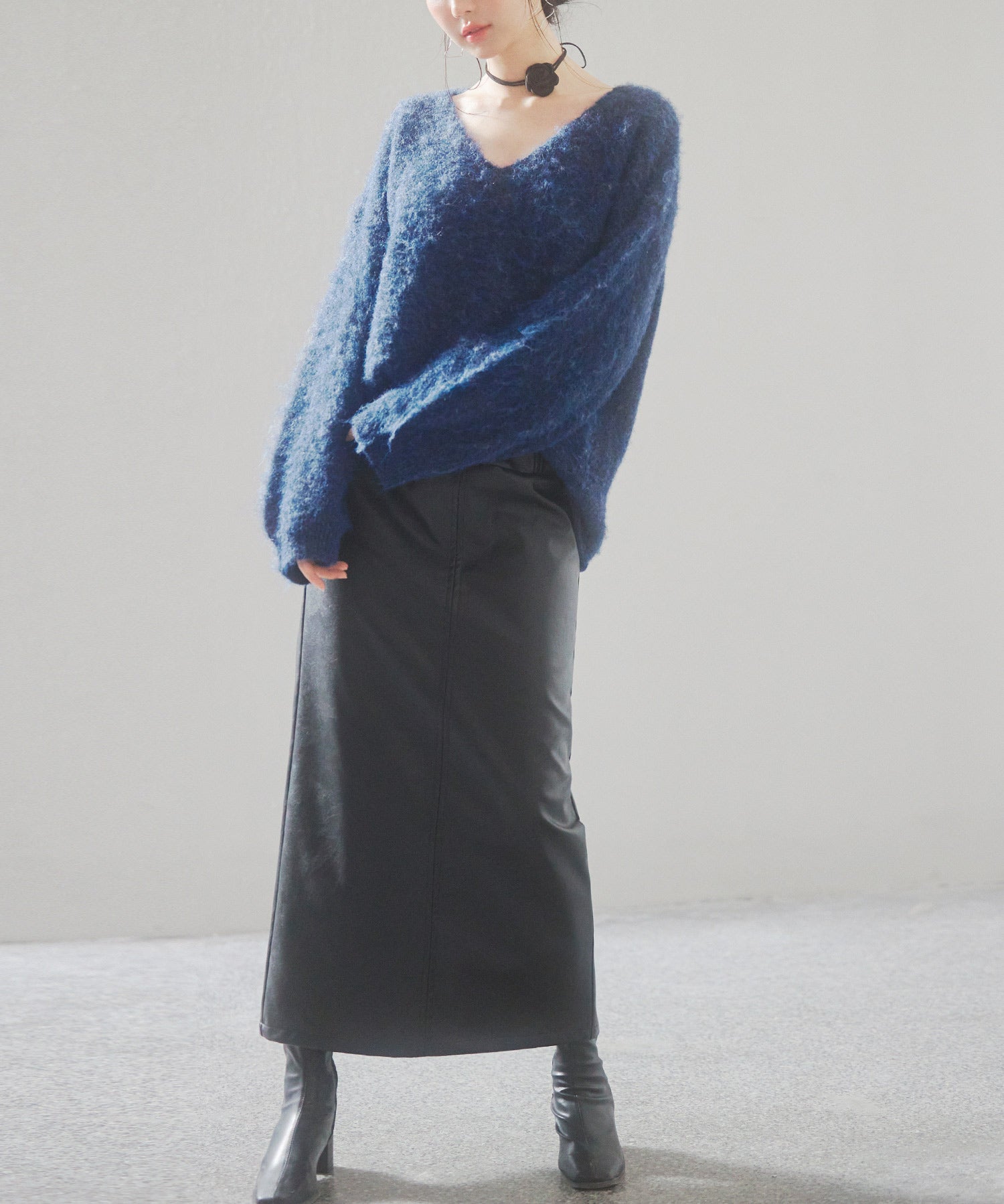 深めVネックドロップショルダーニットプルオーバーsdp8042 ネイビー