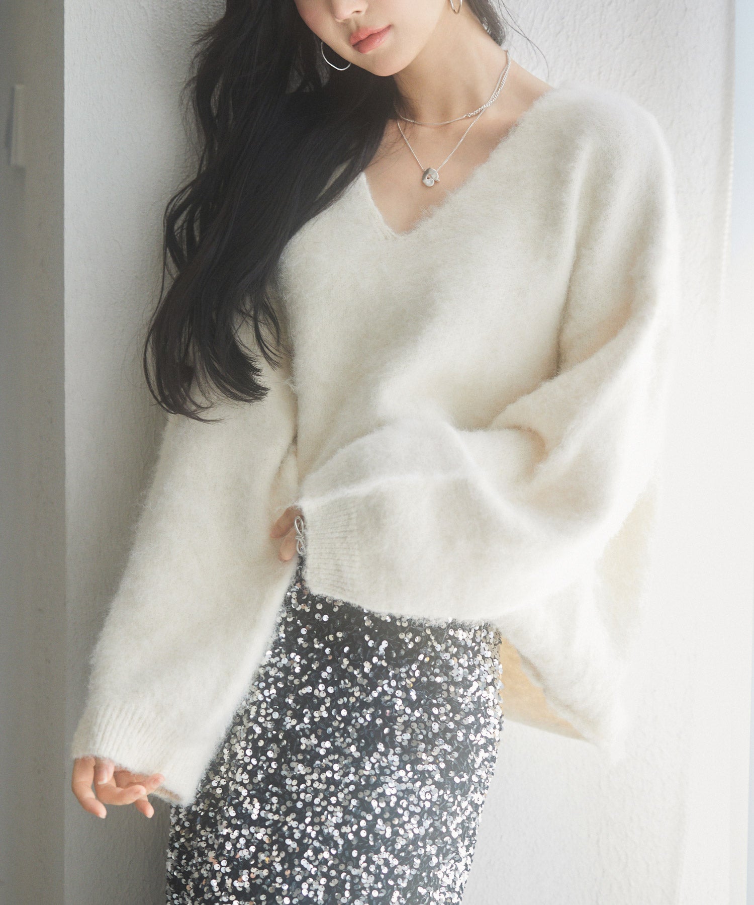 深めVネックドロップショルダーニットプルオーバーsdp8042 アイボリー