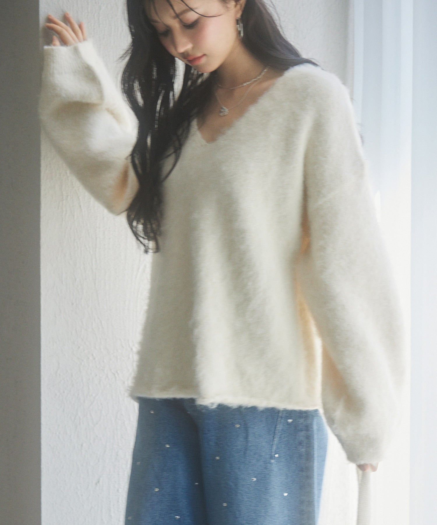 深めVネックドロップショルダーニットプルオーバーsdp8042 アイボリー