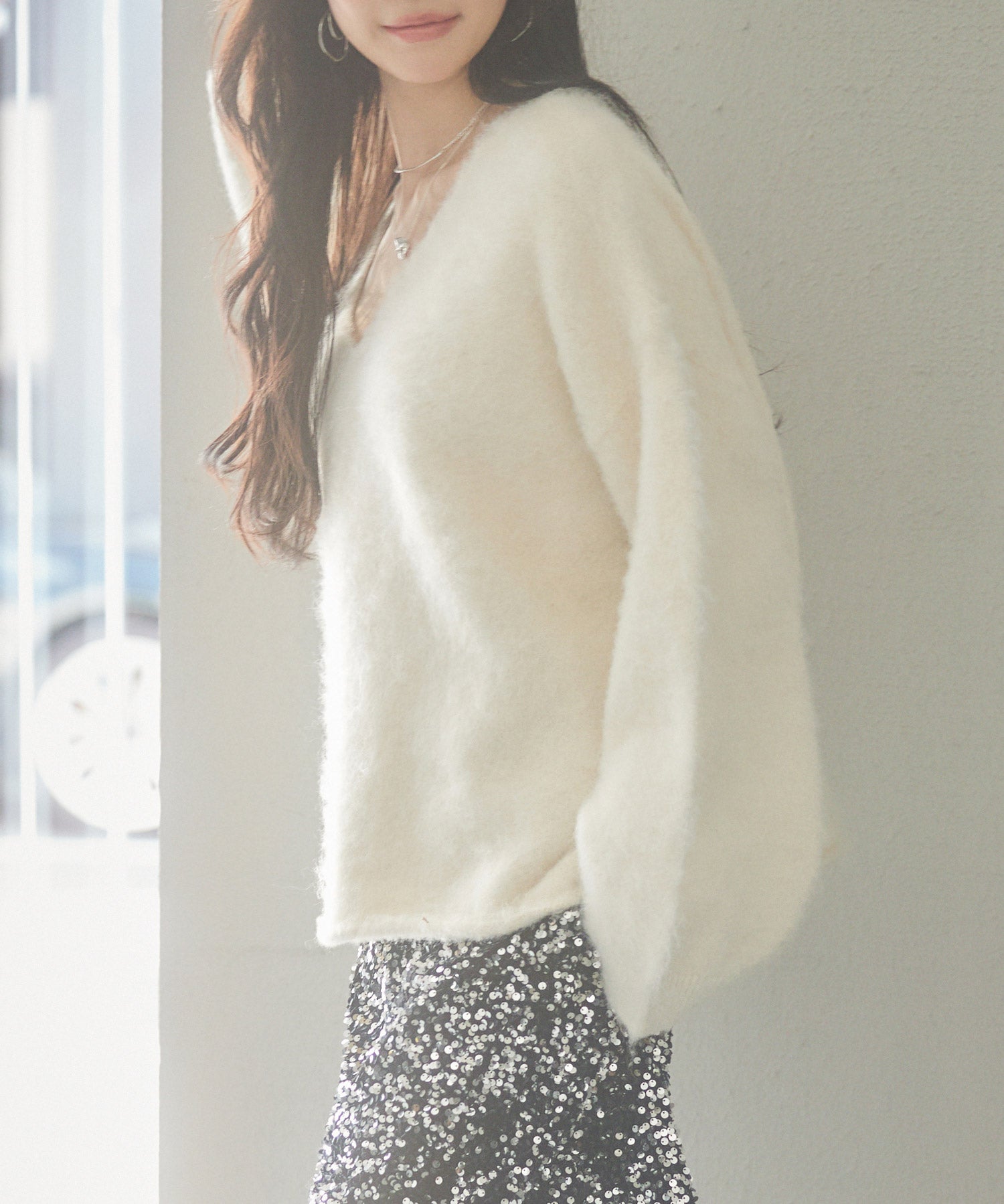 深めVネックドロップショルダーニットプルオーバーsdp8042 アイボリー