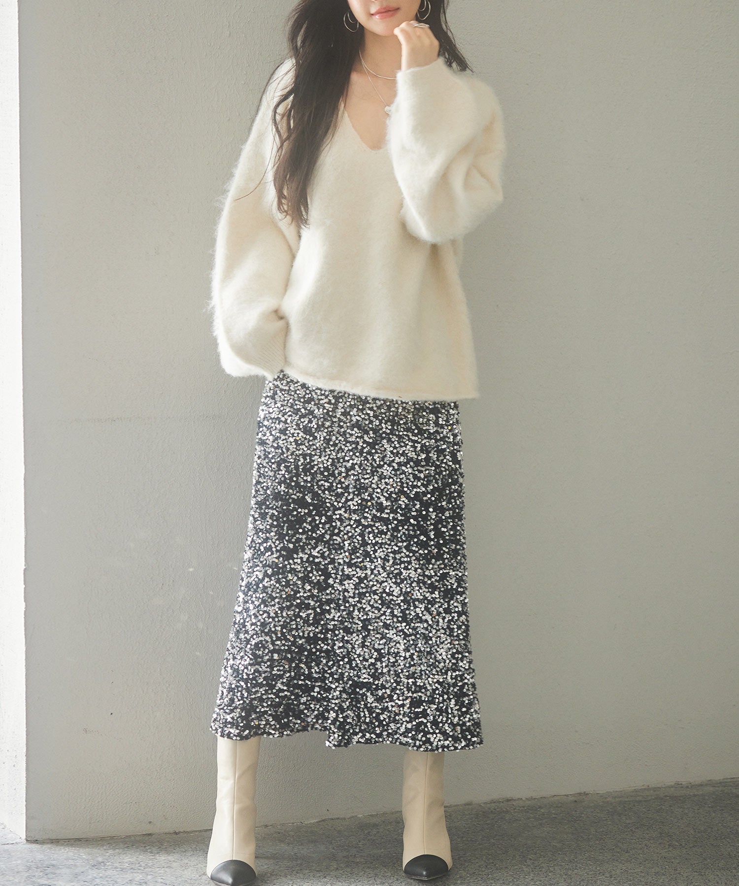 深めVネックドロップショルダーニットプルオーバーsdp8042 アイボリー