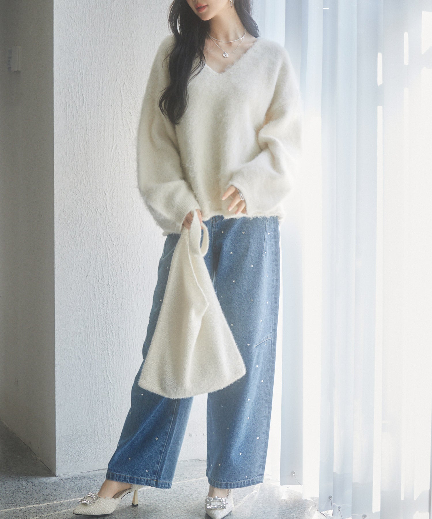 深めVネックドロップショルダーニットプルオーバーsdp8042 アイボリー