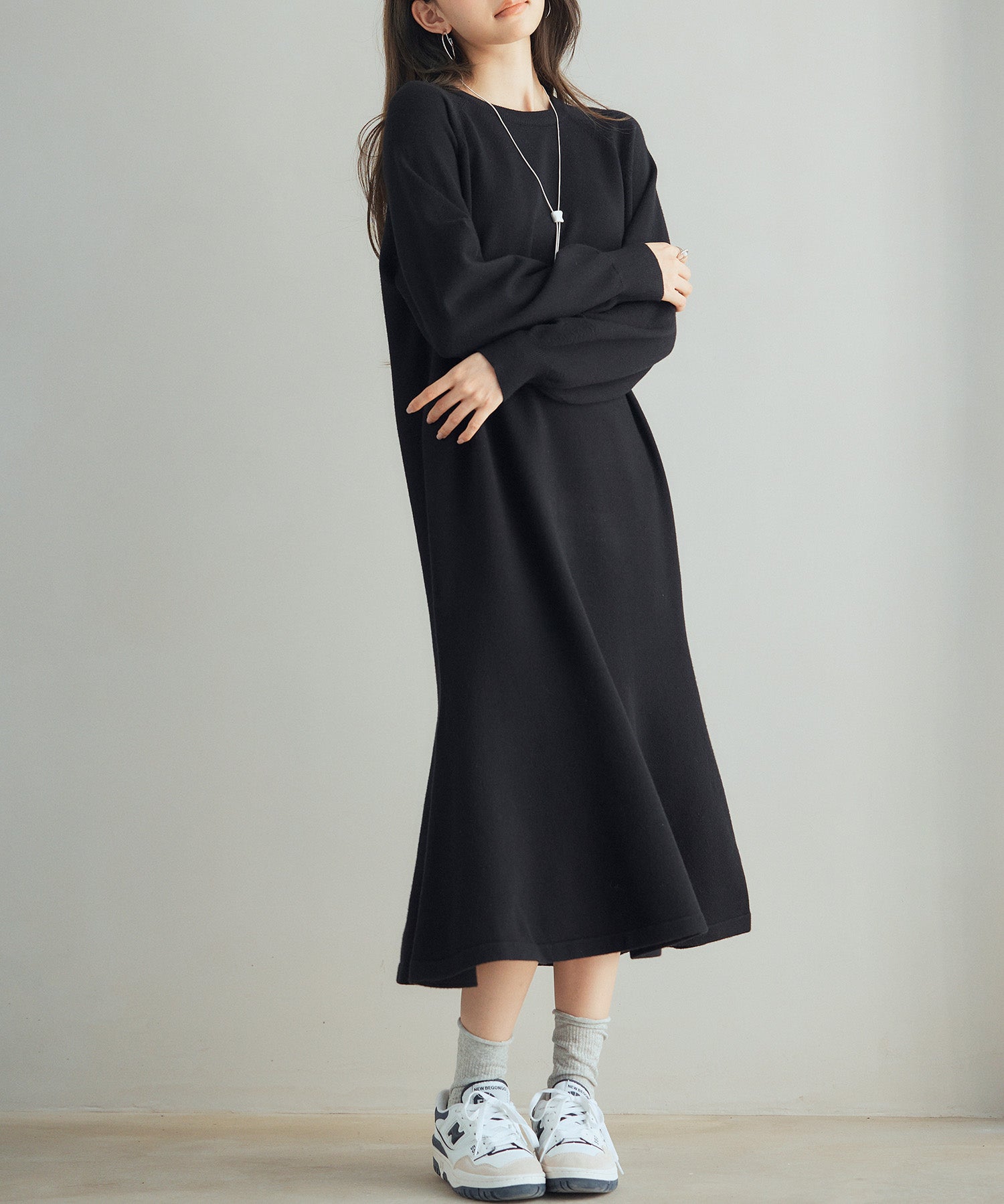 ラグランスリーブニットワンピースsdp8044 ブラック
