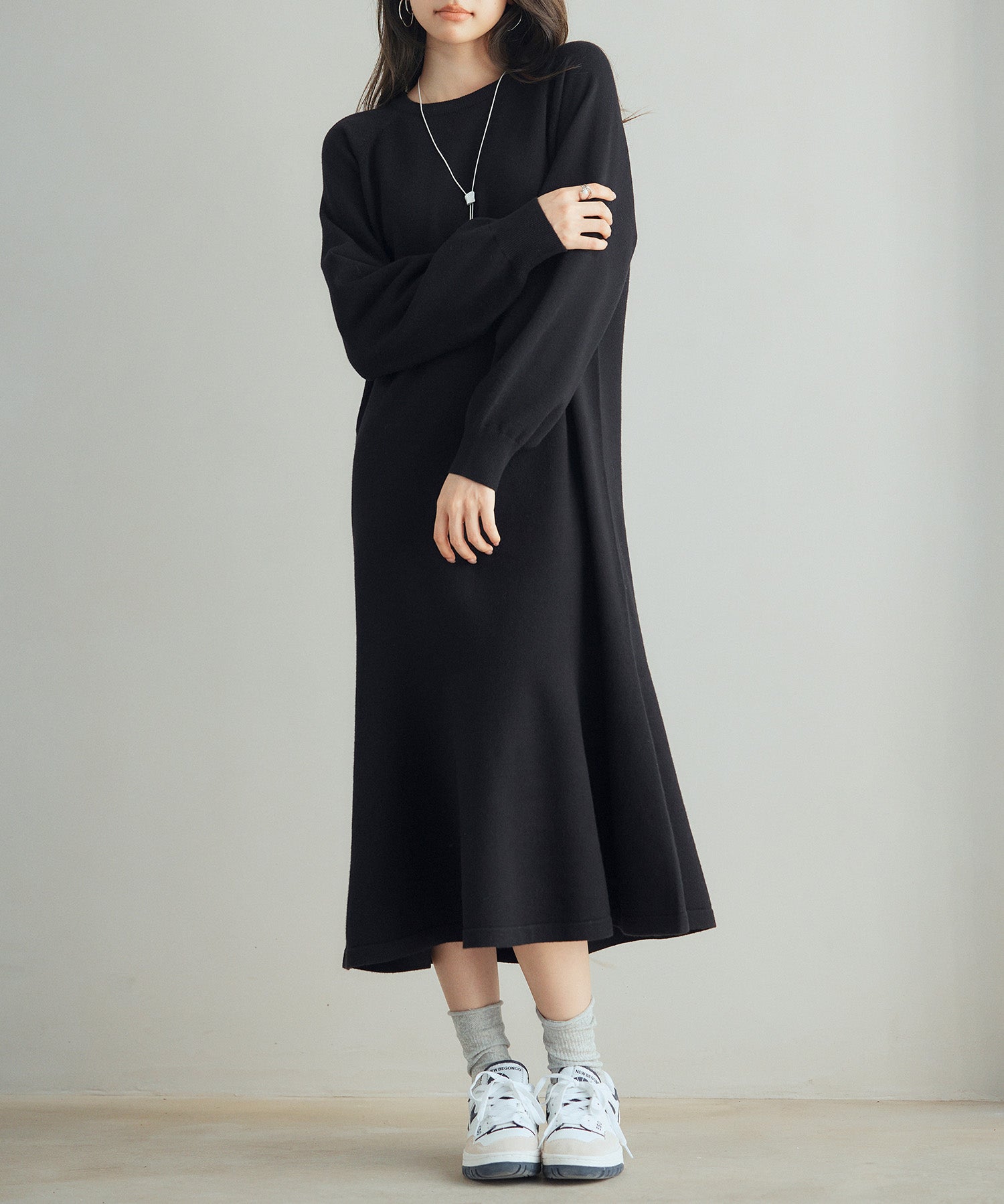 ラグランスリーブニットワンピースsdp8044 ブラック