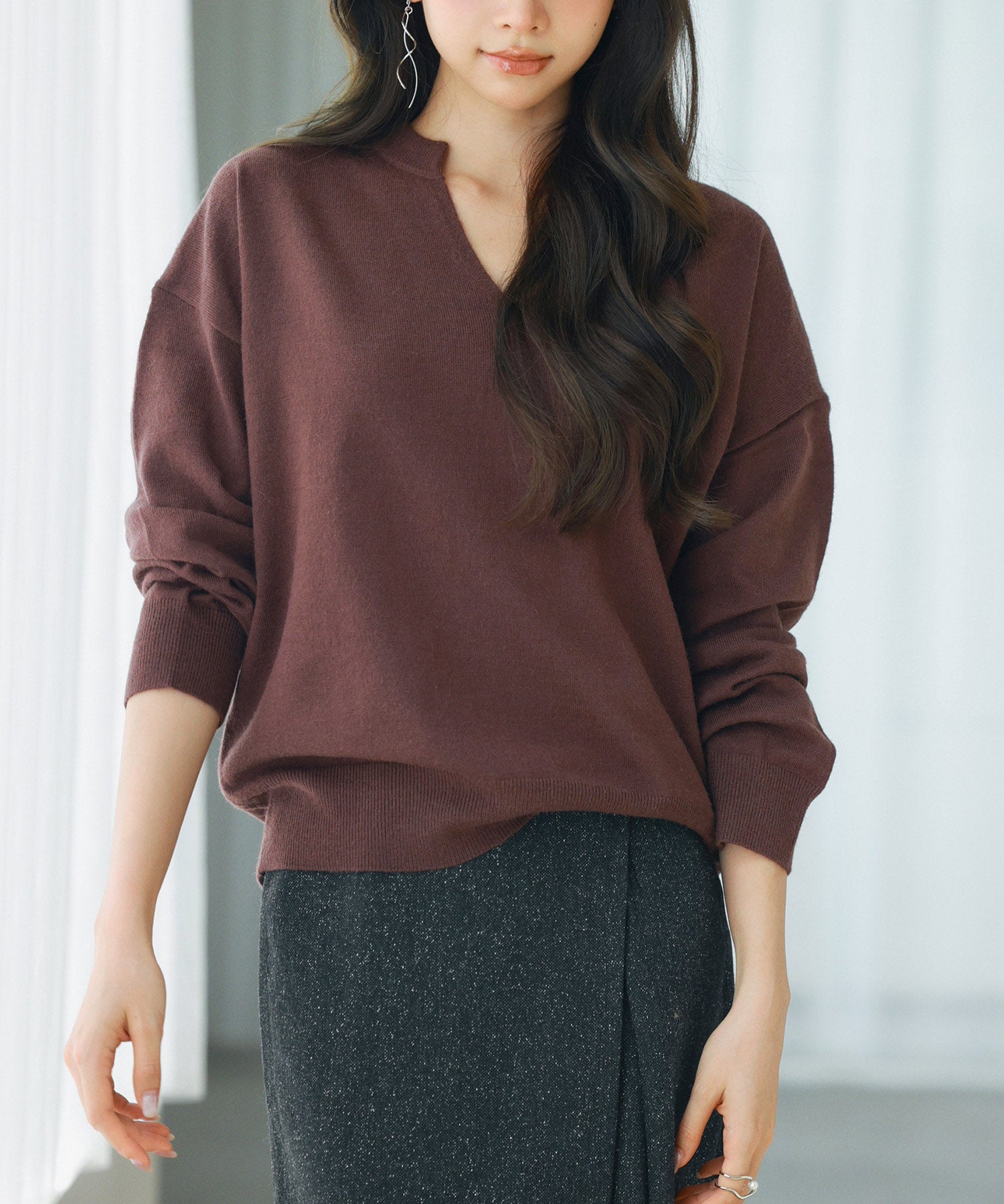 キーネックドロップショルダーニットsdp8047 ダークブラウン