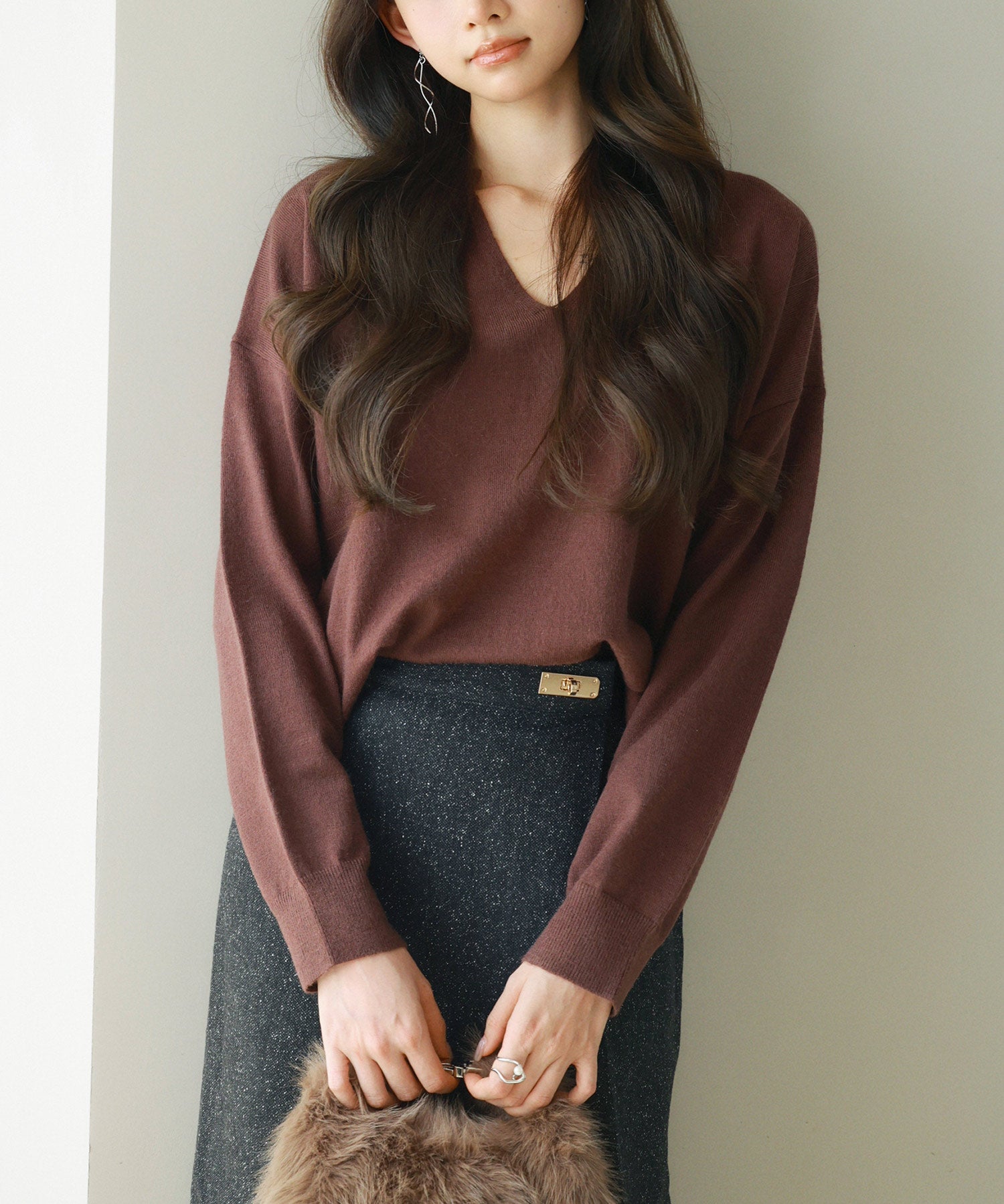 キーネックドロップショルダーニットsdp8047 ダークブラウン