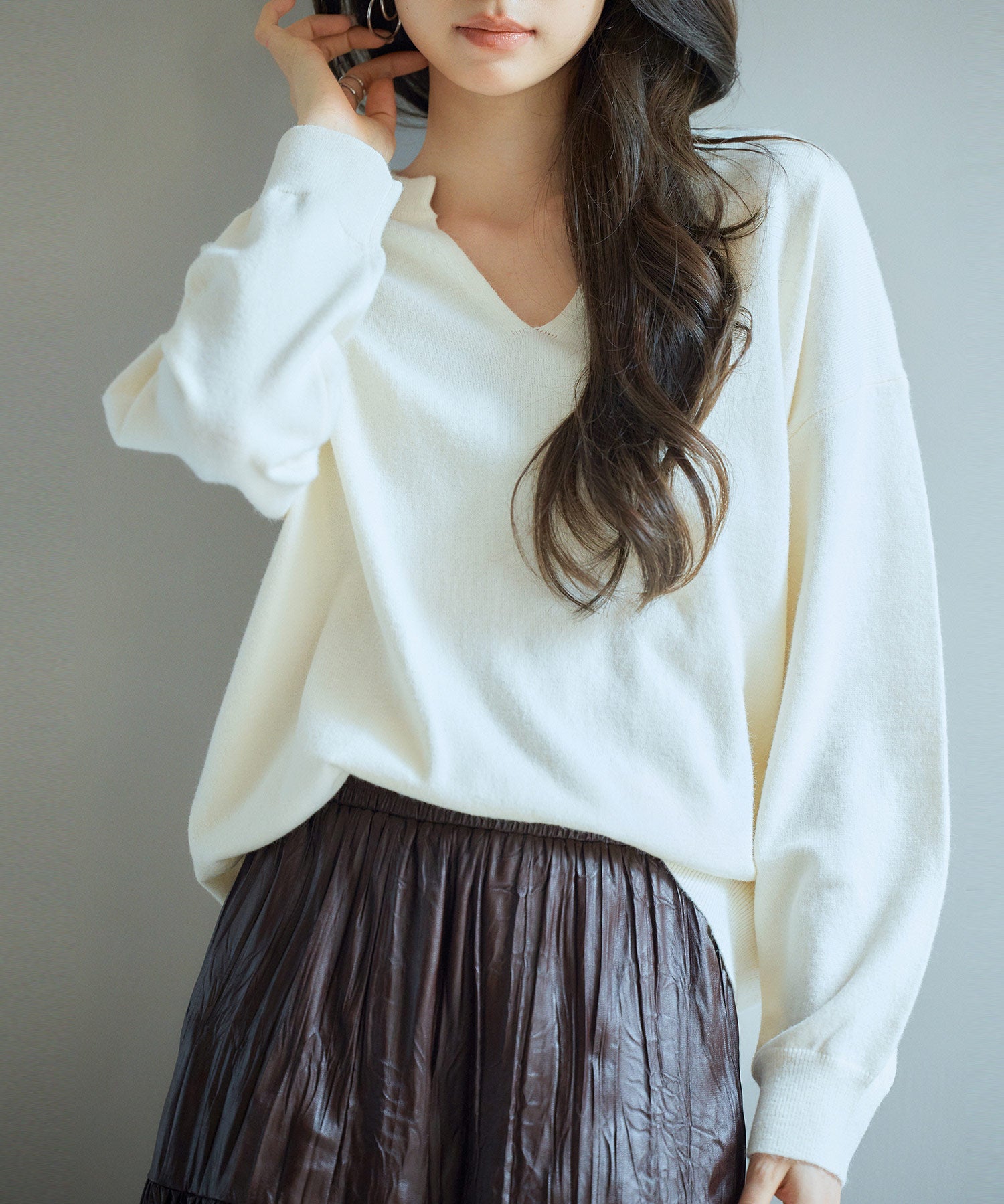 キーネックドロップショルダーニットsdp8047 アイボリー