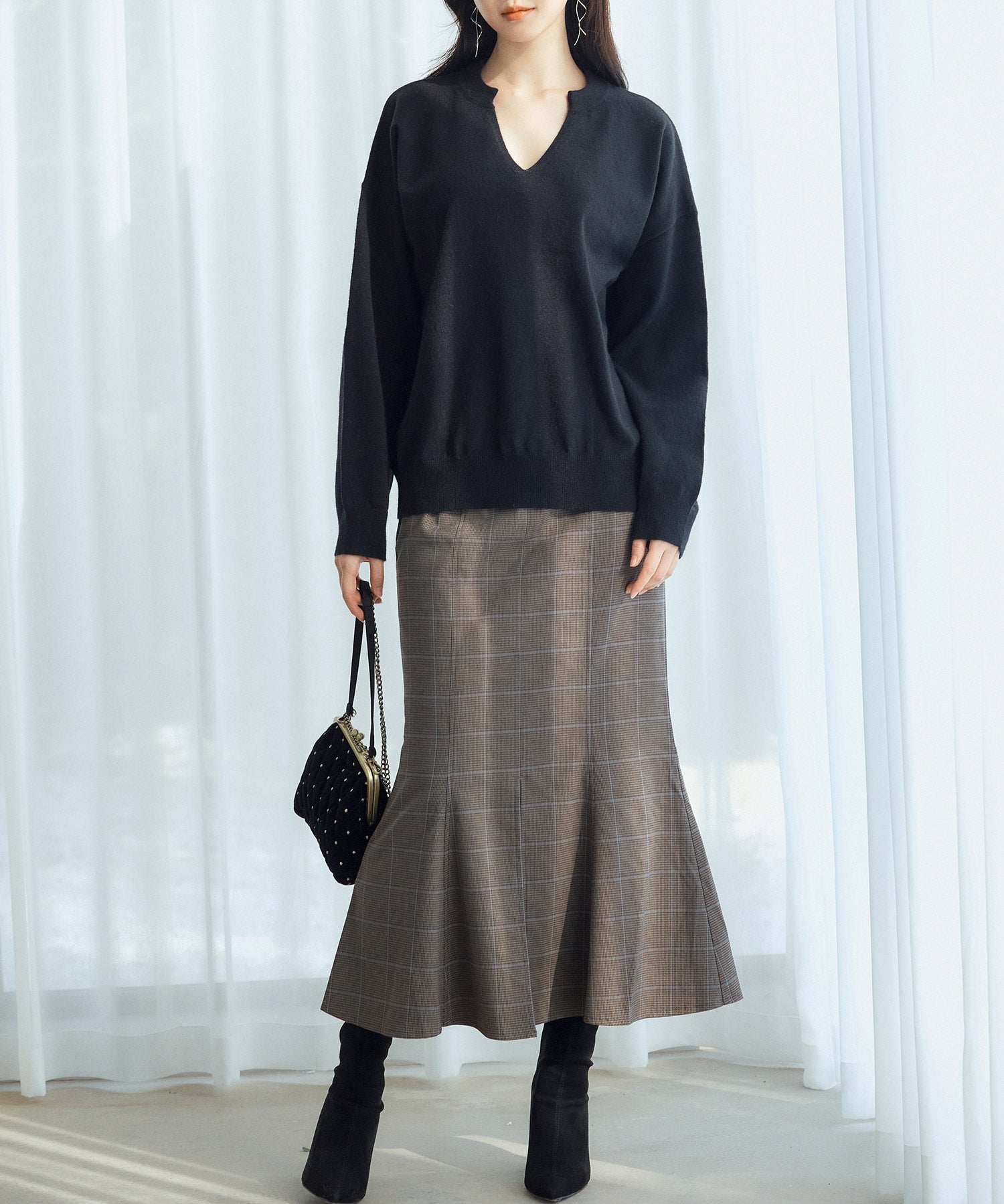 キーネックドロップショルダーニットsdp8047 ブラック