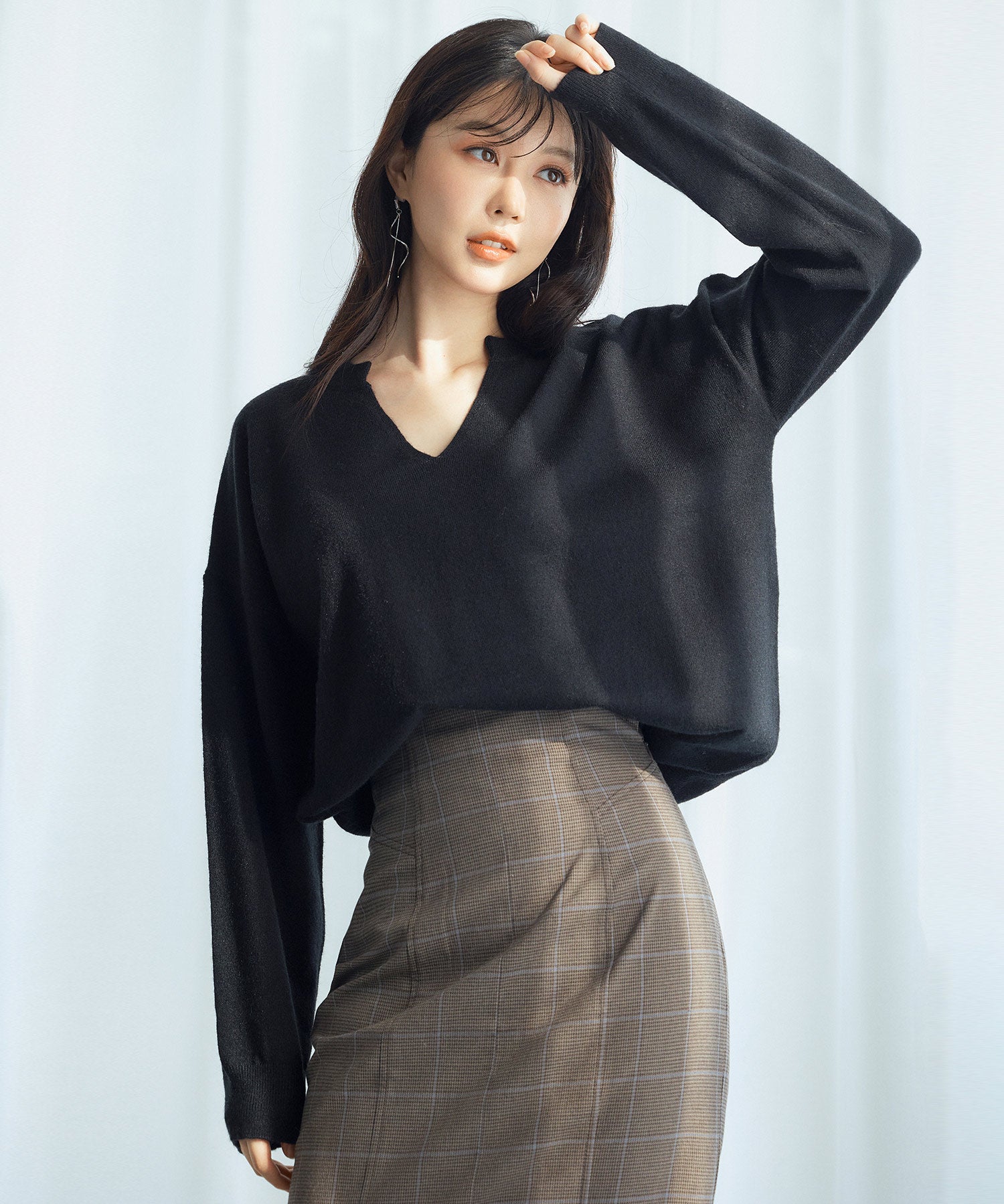 キーネックドロップショルダーニットsdp8047 ブラック