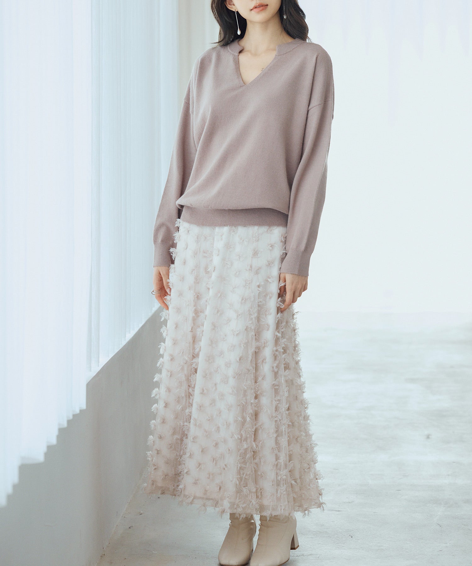 キーネックドロップショルダーニットsdp8047 モカ