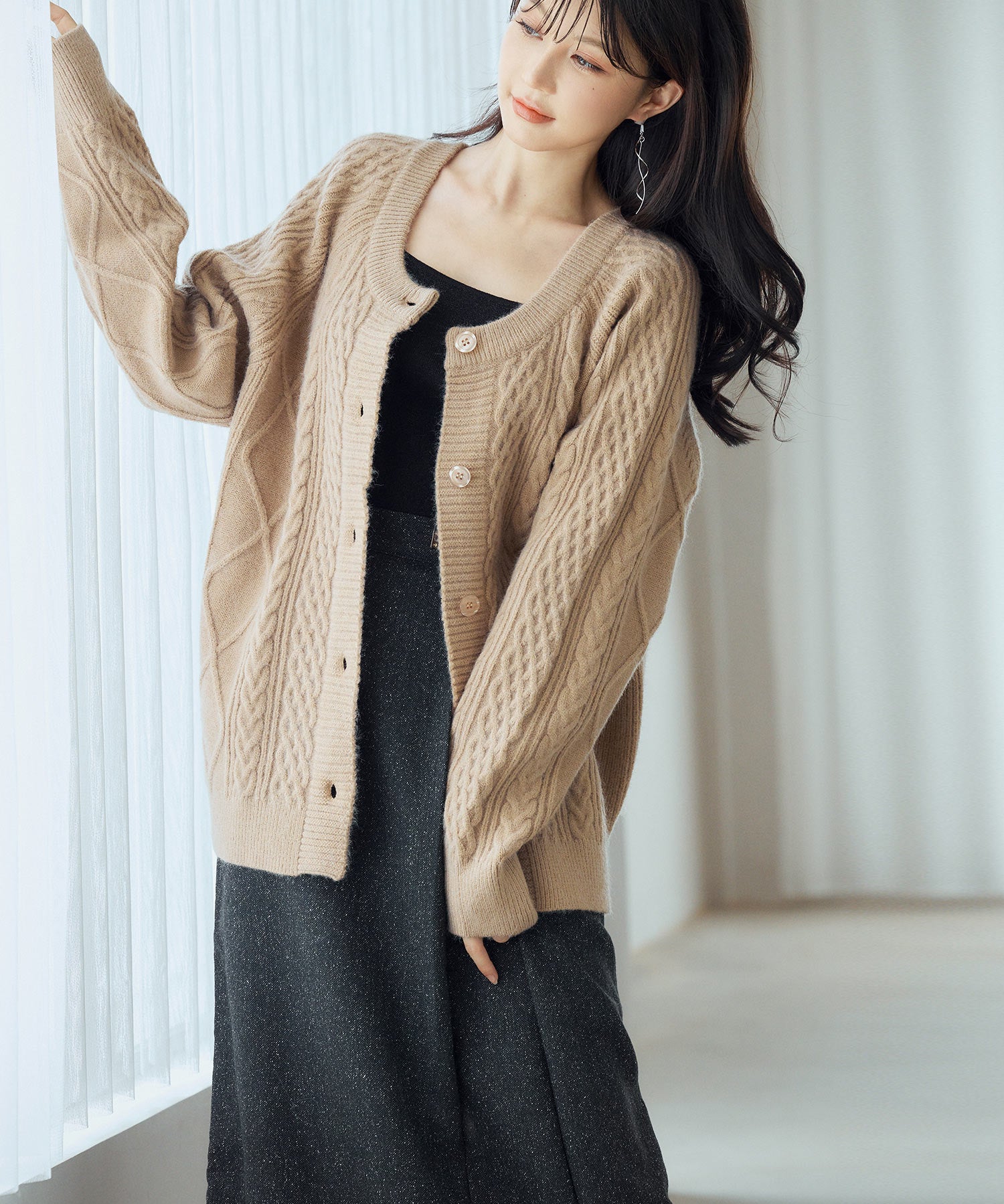 3wayケーブル編みカーディガンsdp8048 ライトブラウン
