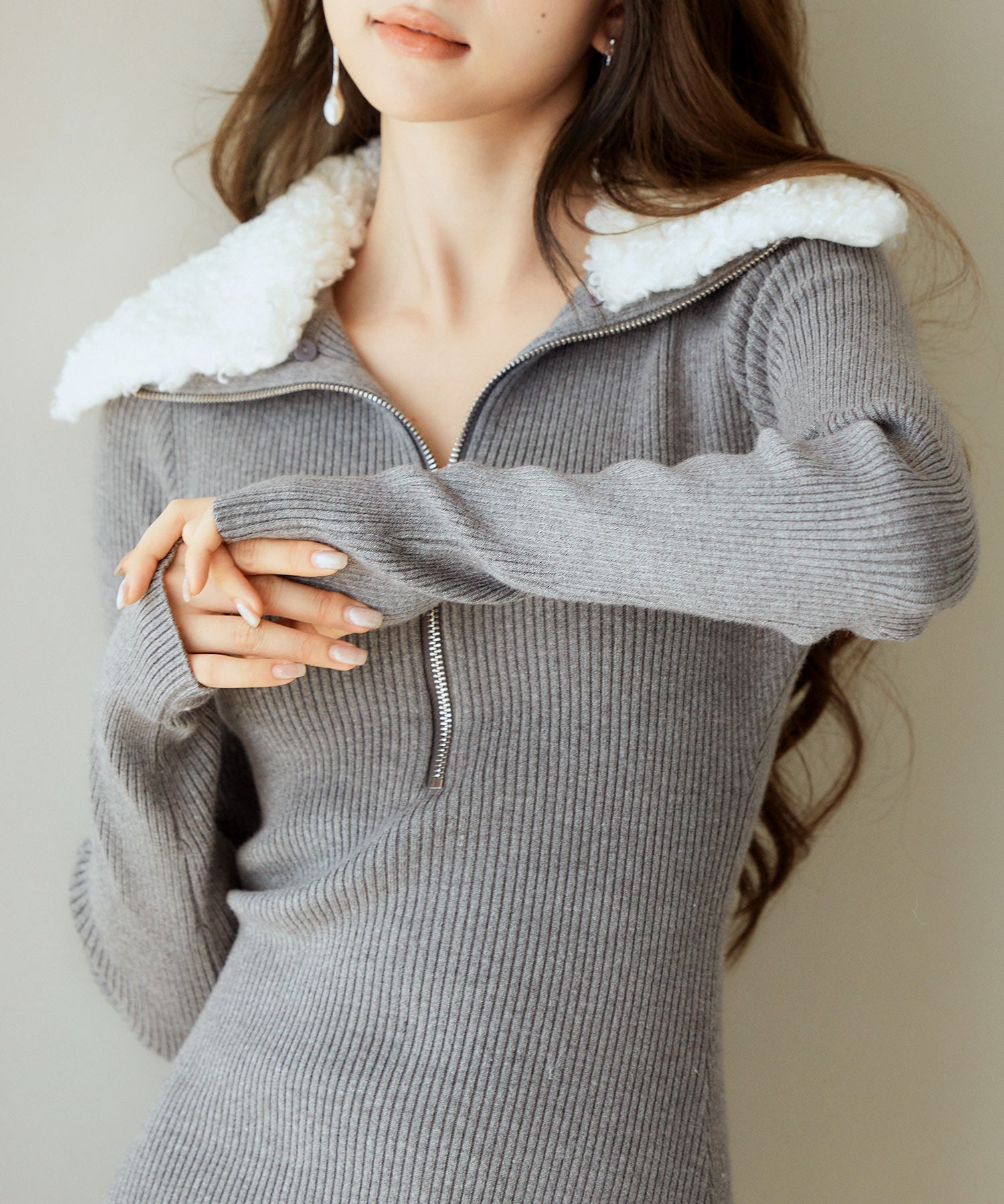 ファー襟付き2wayニットワンピースsdp8049 チャコール