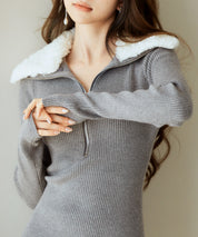 ファー襟付き2wayニットワンピースsdp8049 チャコール