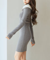 ファー襟付き2wayニットワンピースsdp8049 チャコール