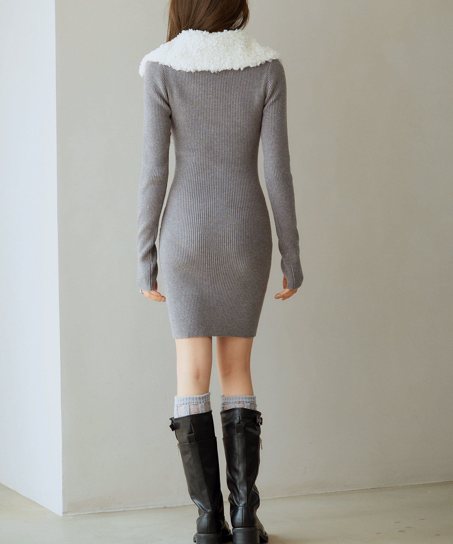 ファー襟付き2wayニットワンピースsdp8049 チャコール