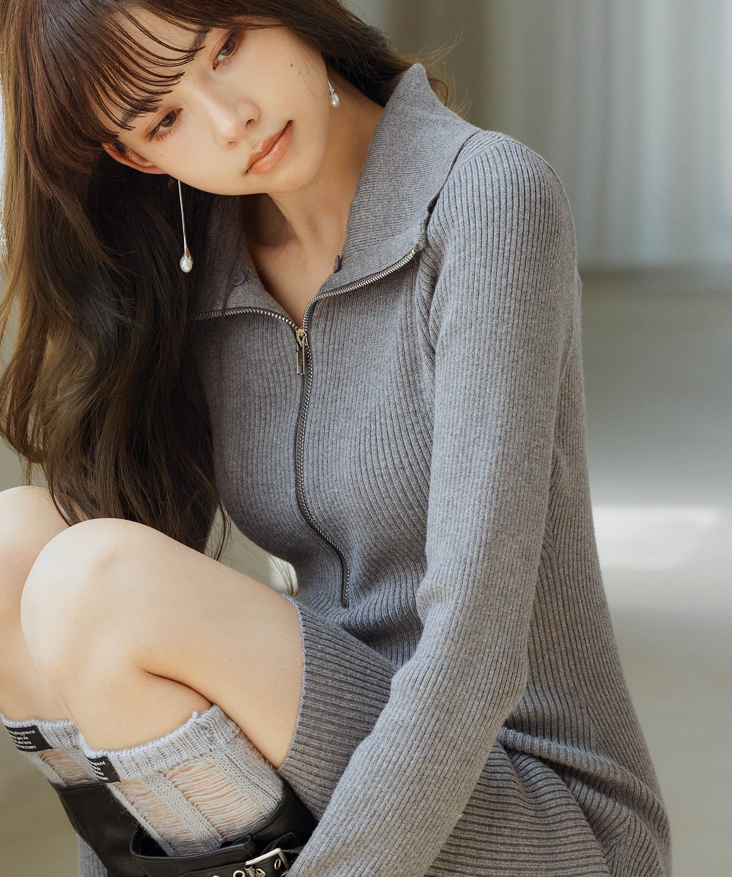 ファー襟付き2wayニットワンピースsdp8049 チャコール