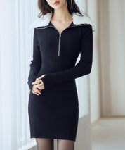 ファー襟付き2wayニットワンピースsdp8049 ブラック