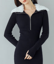 ファー襟付き2wayニットワンピースsdp8049 ブラック