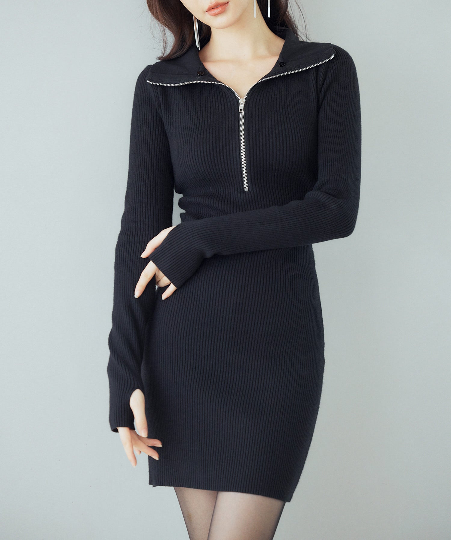 ファー襟付き2wayニットワンピースsdp8049 ブラック