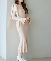 布帛とニットドッキングしたリボンワンピースsdp8050 ピンクベージュ