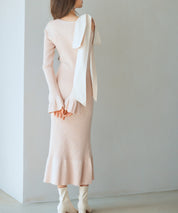 布帛とニットドッキングしたリボンワンピースsdp8050 ピンクベージュ