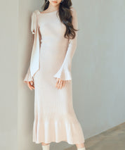 布帛とニットドッキングしたリボンワンピースsdp8050 ピンクベージュ