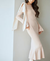 布帛とニットドッキングしたリボンワンピースsdp8050 ピンクベージュ