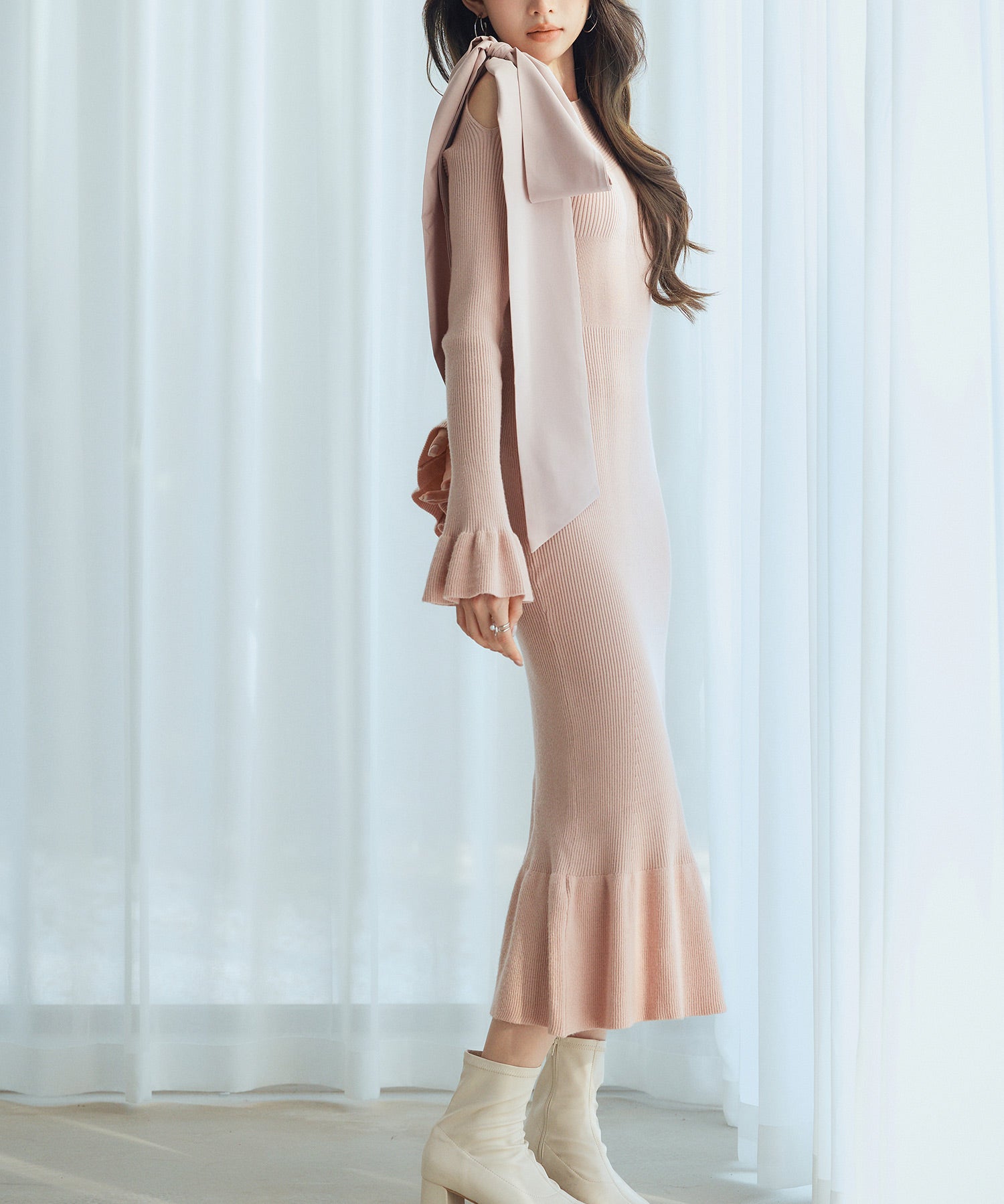 布帛とニットドッキングしたリボンワンピースsdp8050 ピンク