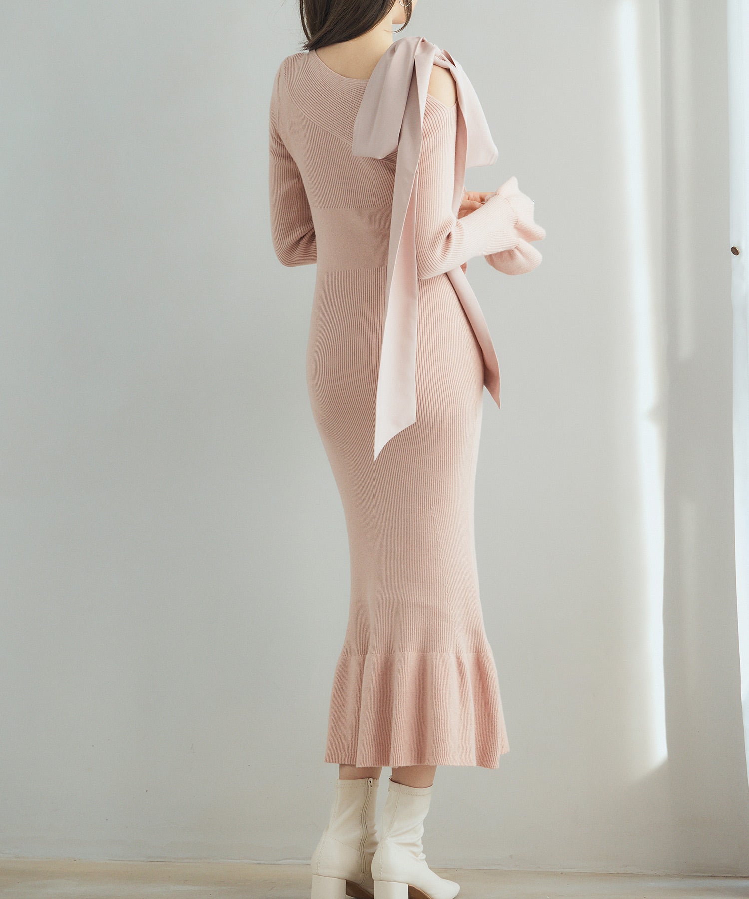 布帛とニットドッキングしたリボンワンピースsdp8050 ピンク