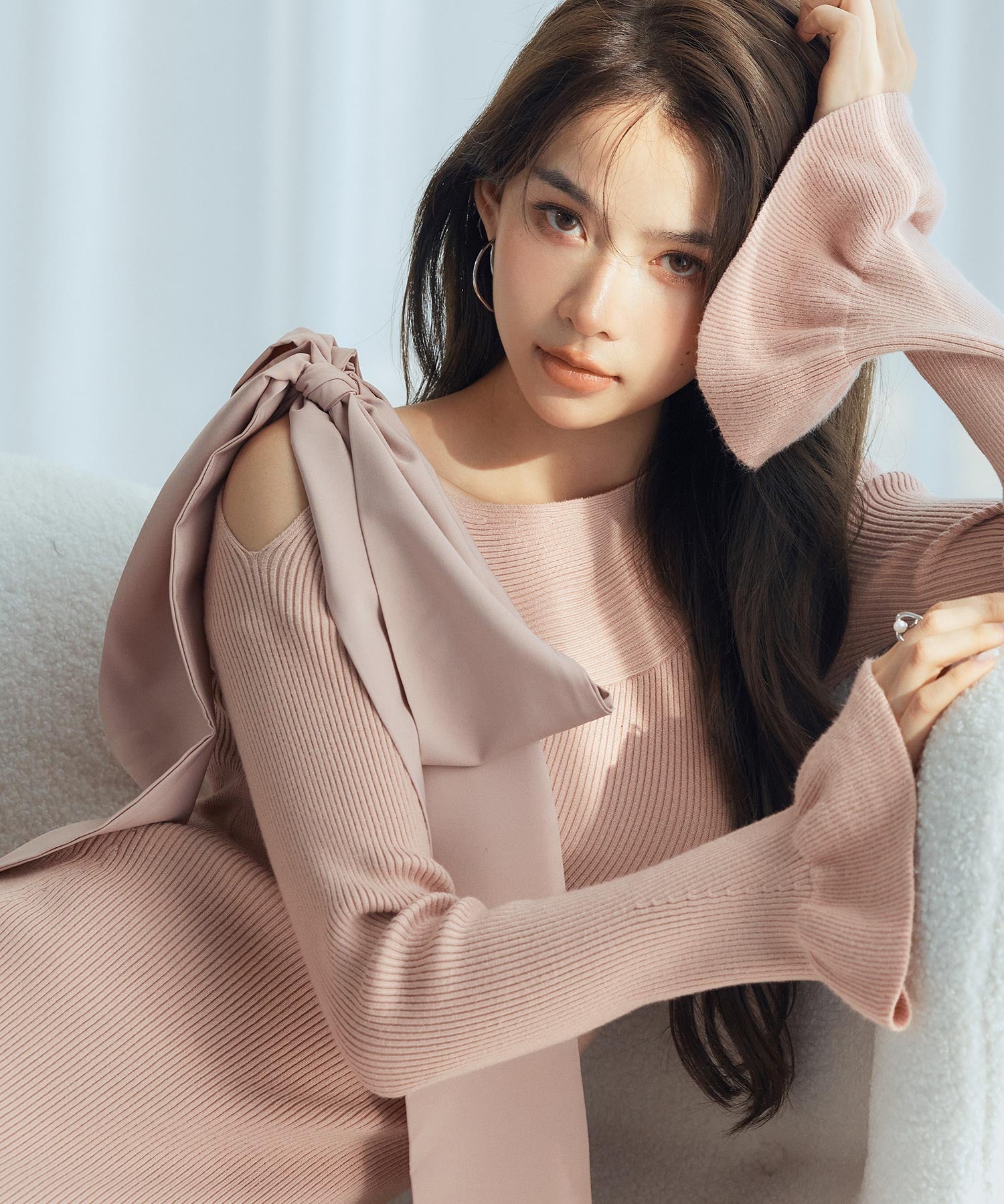 布帛とニットドッキングしたリボンワンピースsdp8050 ピンク