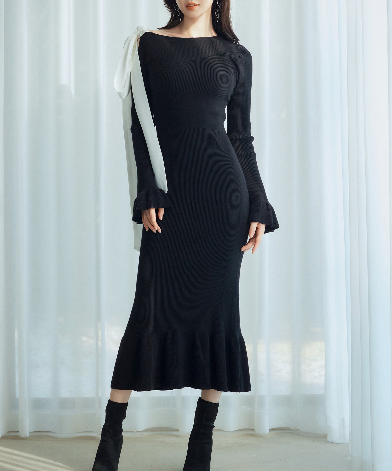 布帛とニットドッキングしたリボンワンピースsdp8050 ブラック