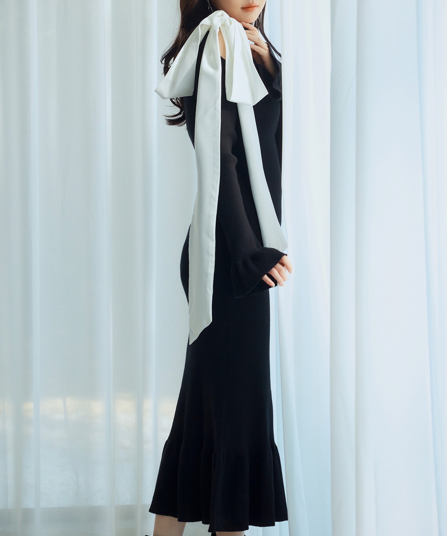 布帛とニットドッキングしたリボンワンピースsdp8050 ブラック