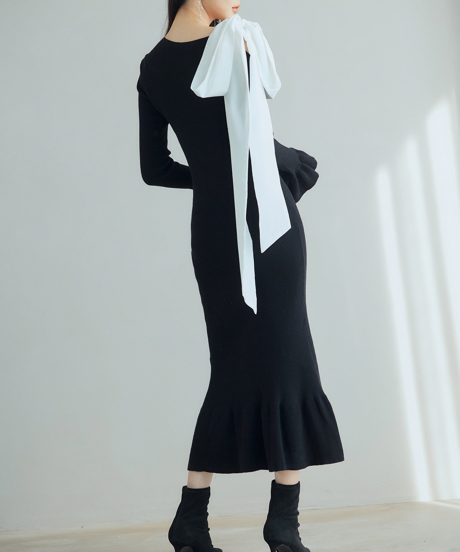 布帛とニットドッキングしたリボンワンピースsdp8050 ブラック