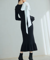 布帛とニットドッキングしたリボンワンピースsdp8050 ブラック