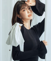 布帛とニットドッキングしたリボンワンピースsdp8050 ブラック