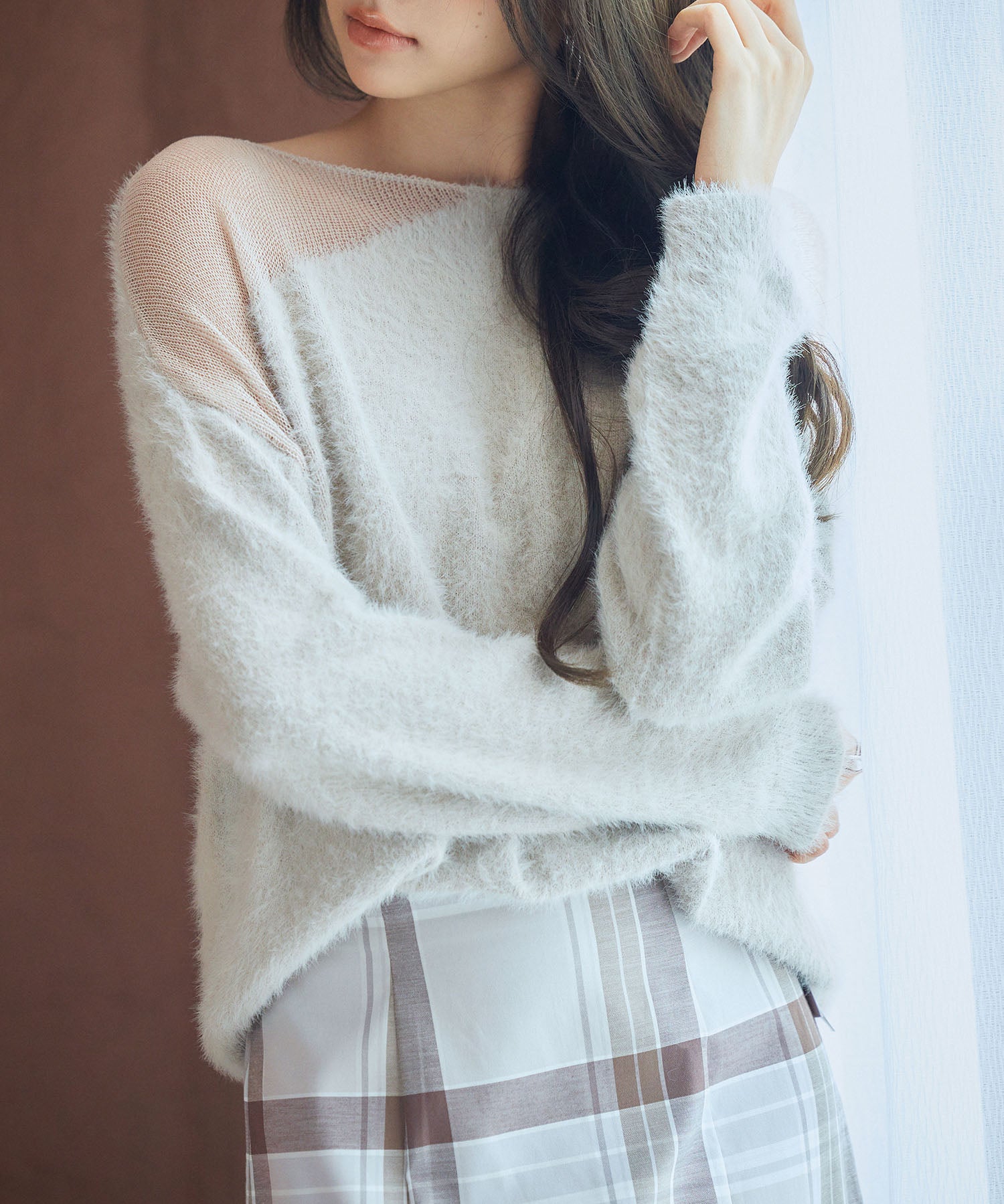 前後2wayふわふわシャギー素材ニットsdp8051 グレイッシュベージュ