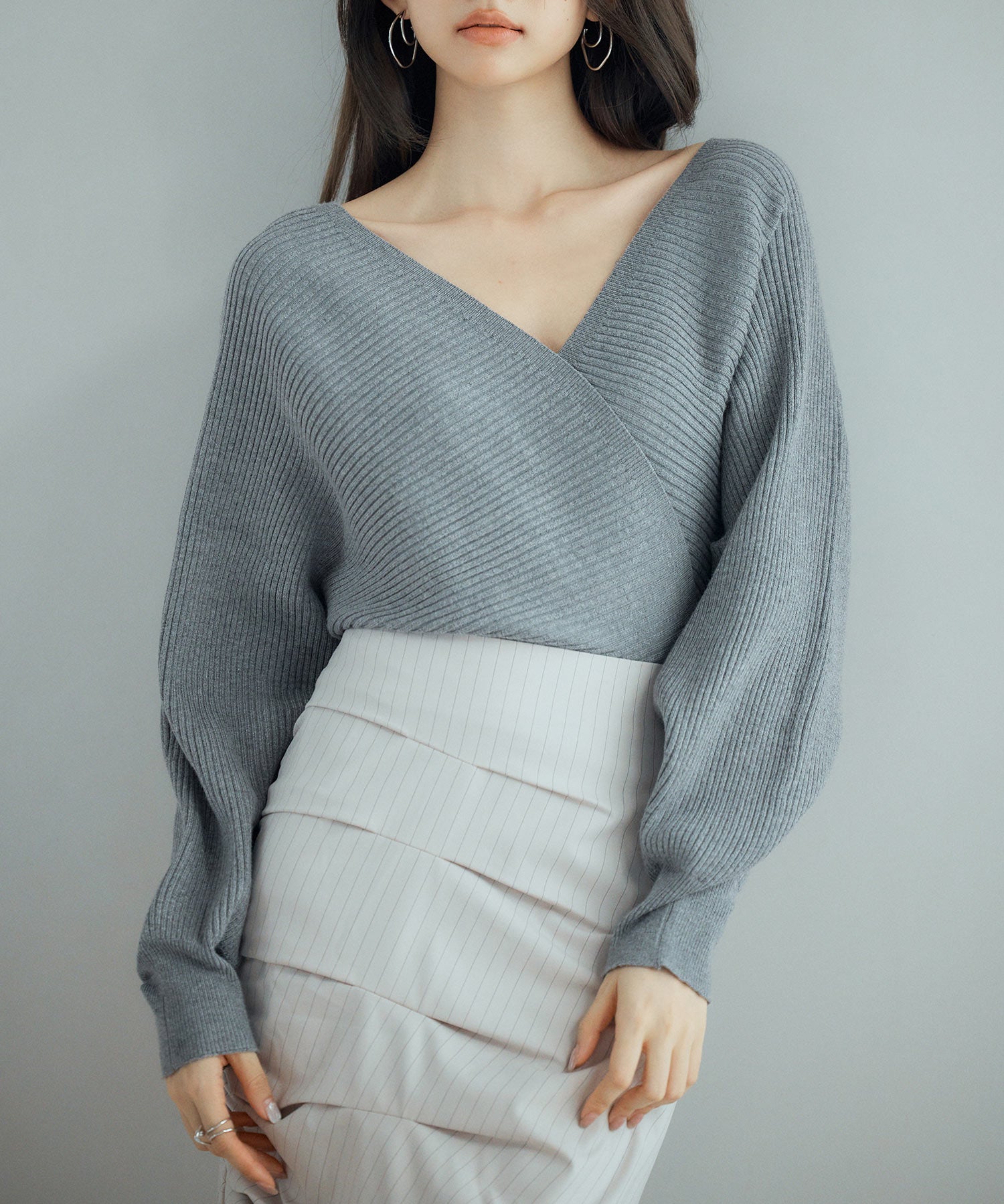 ドルマンスリーブカシュクールニットsdp8052 チャコール