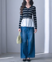 ぺプラム裾ドッキングニットプルオーバーsdp8053 ブラック×ホワイト