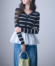 ぺプラム裾ドッキングニットプルオーバーsdp8053 ブラック×ホワイト