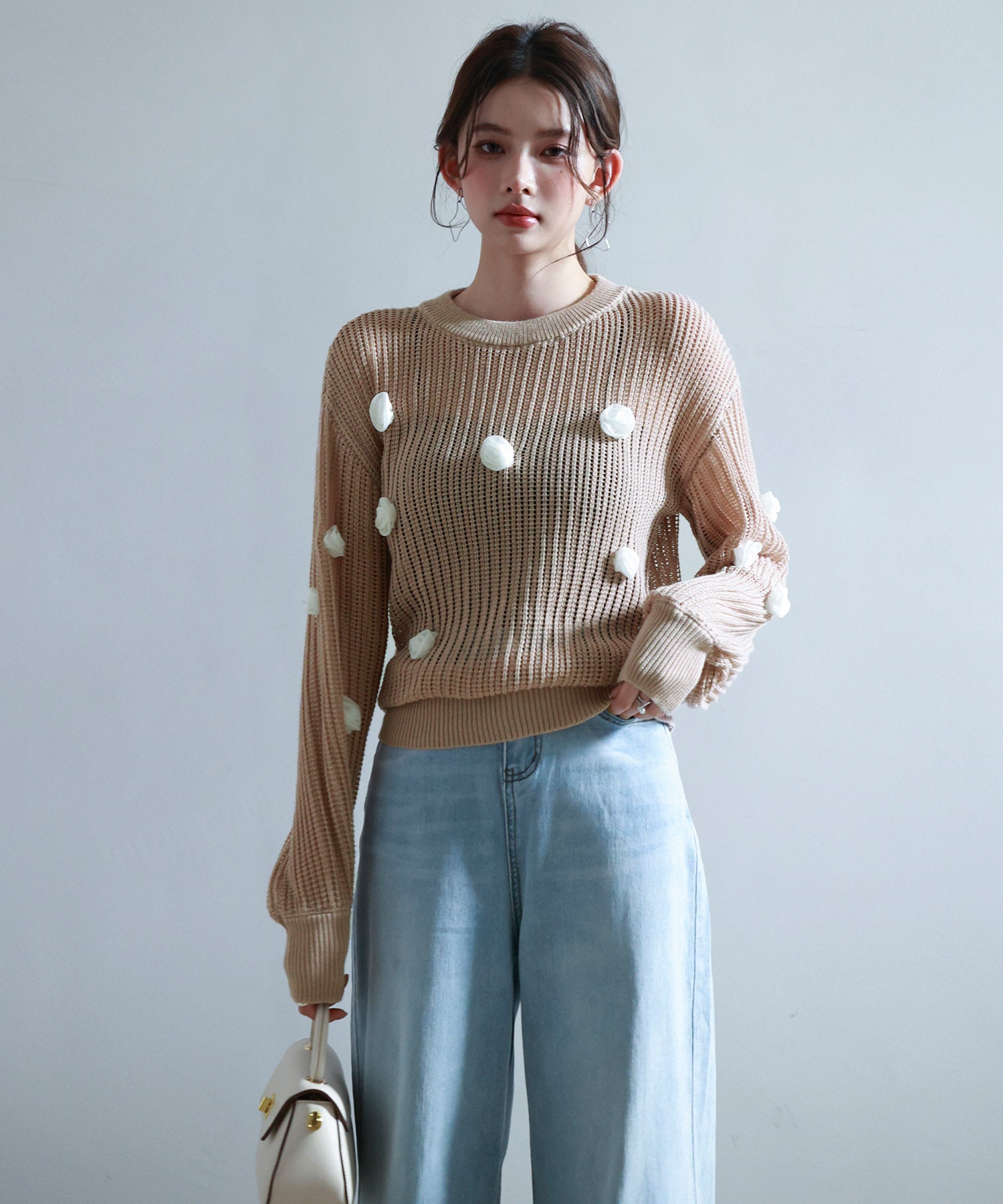 透かし編みモチーフニットプルオーバーsdp8054 サーモンピンク