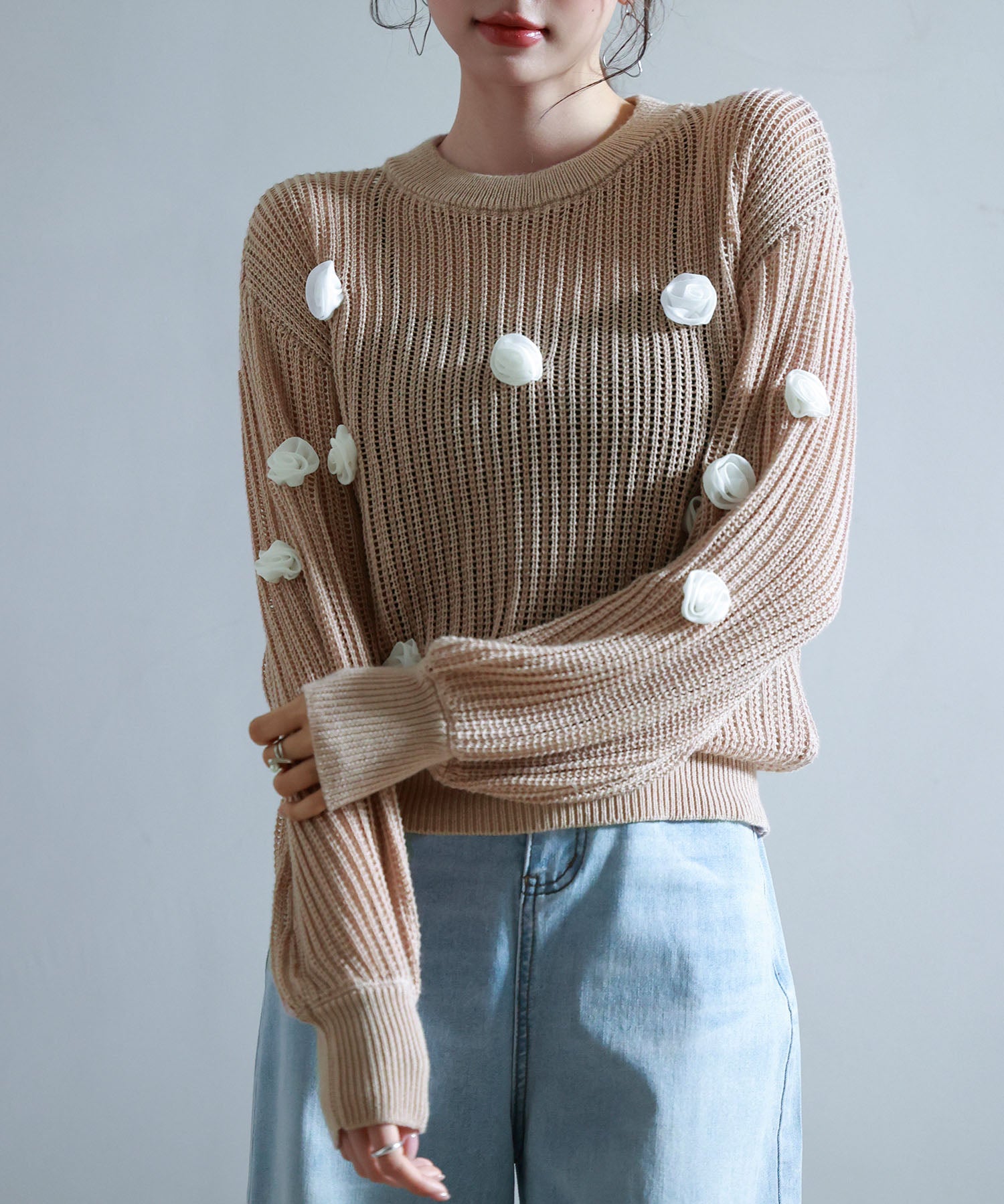 透かし編みモチーフニットプルオーバーsdp8054 サーモンピンク