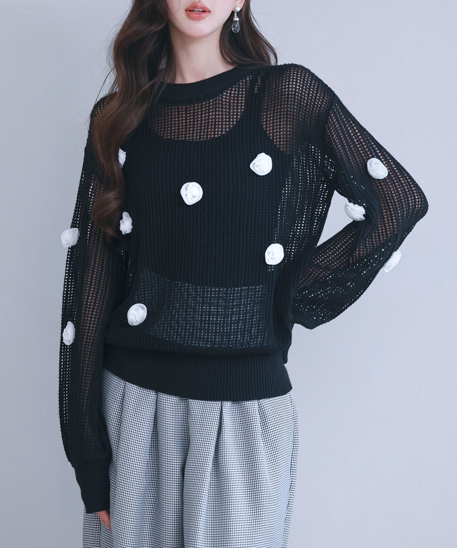 透かし編みモチーフニットプルオーバーsdp8054 ブラック