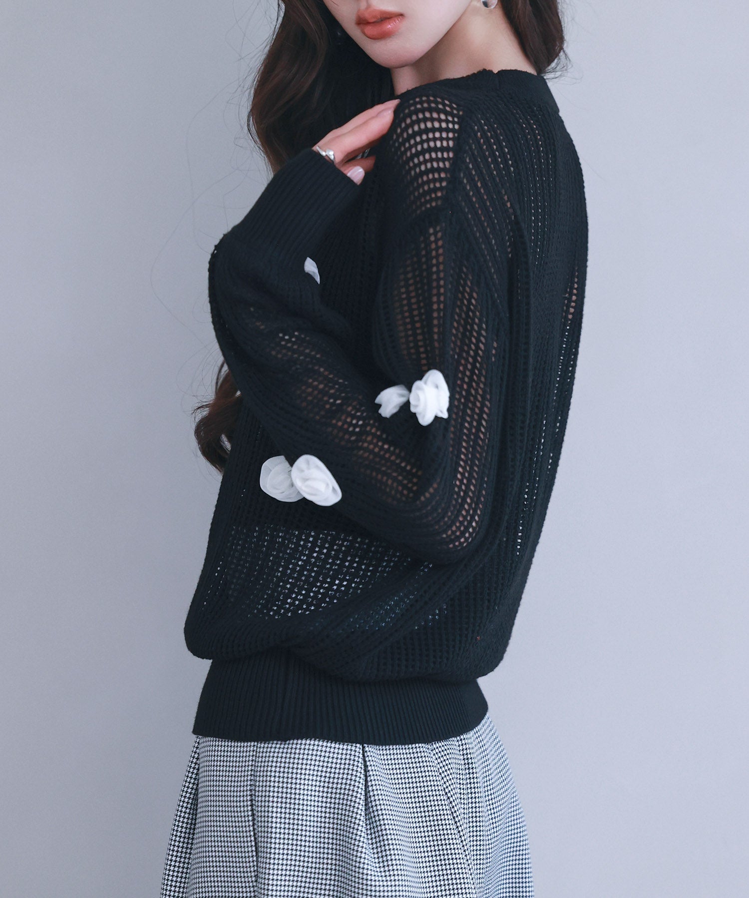 透かし編みモチーフニットプルオーバーsdp8054 ブラック