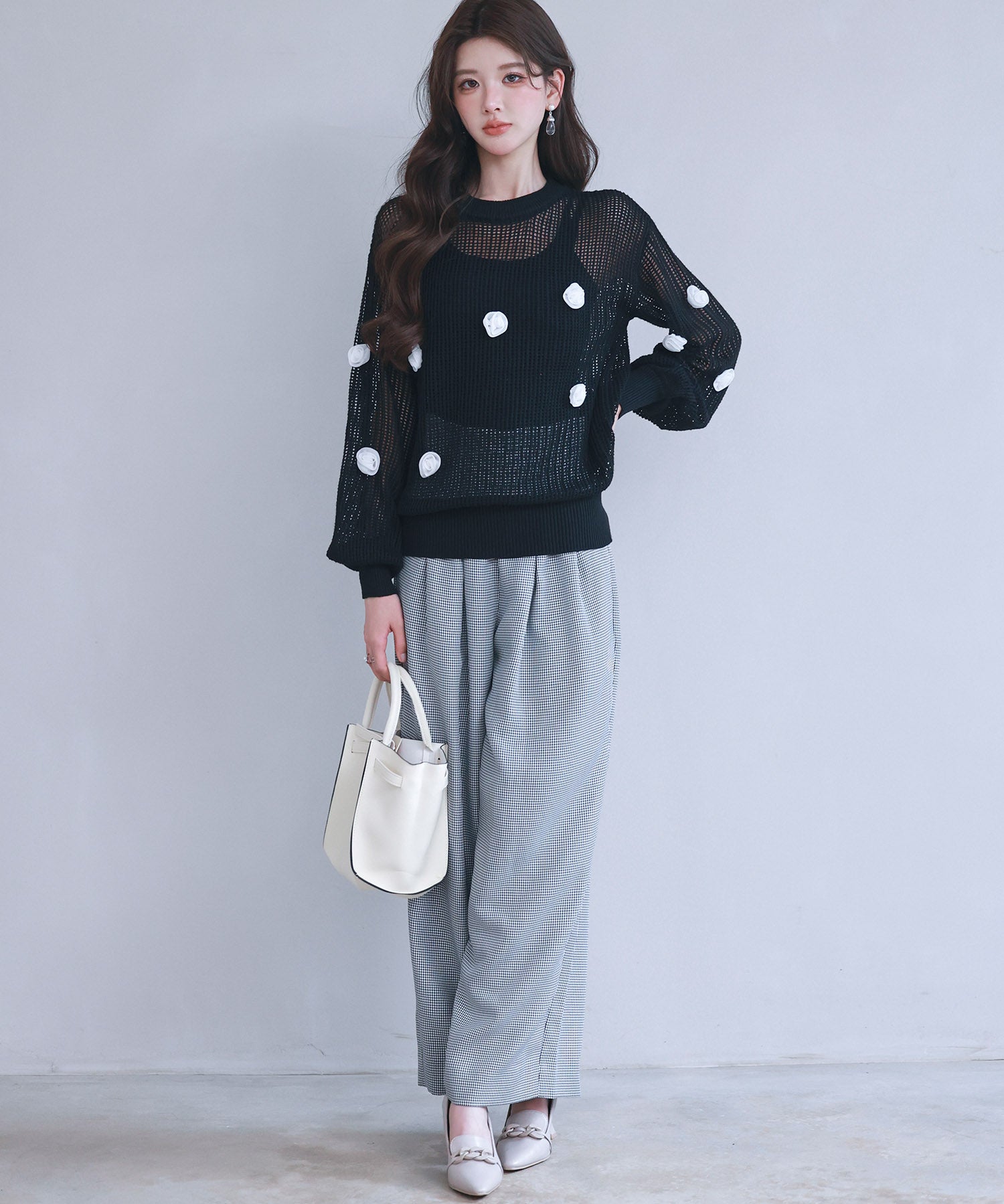 透かし編みモチーフニットプルオーバーsdp8054 ブラック