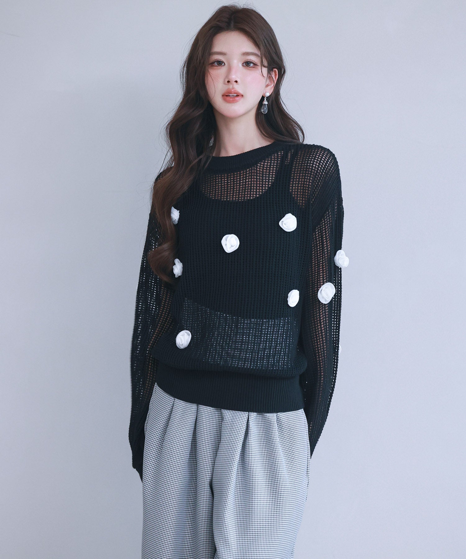 透かし編みモチーフニットプルオーバーsdp8054 ブラック
