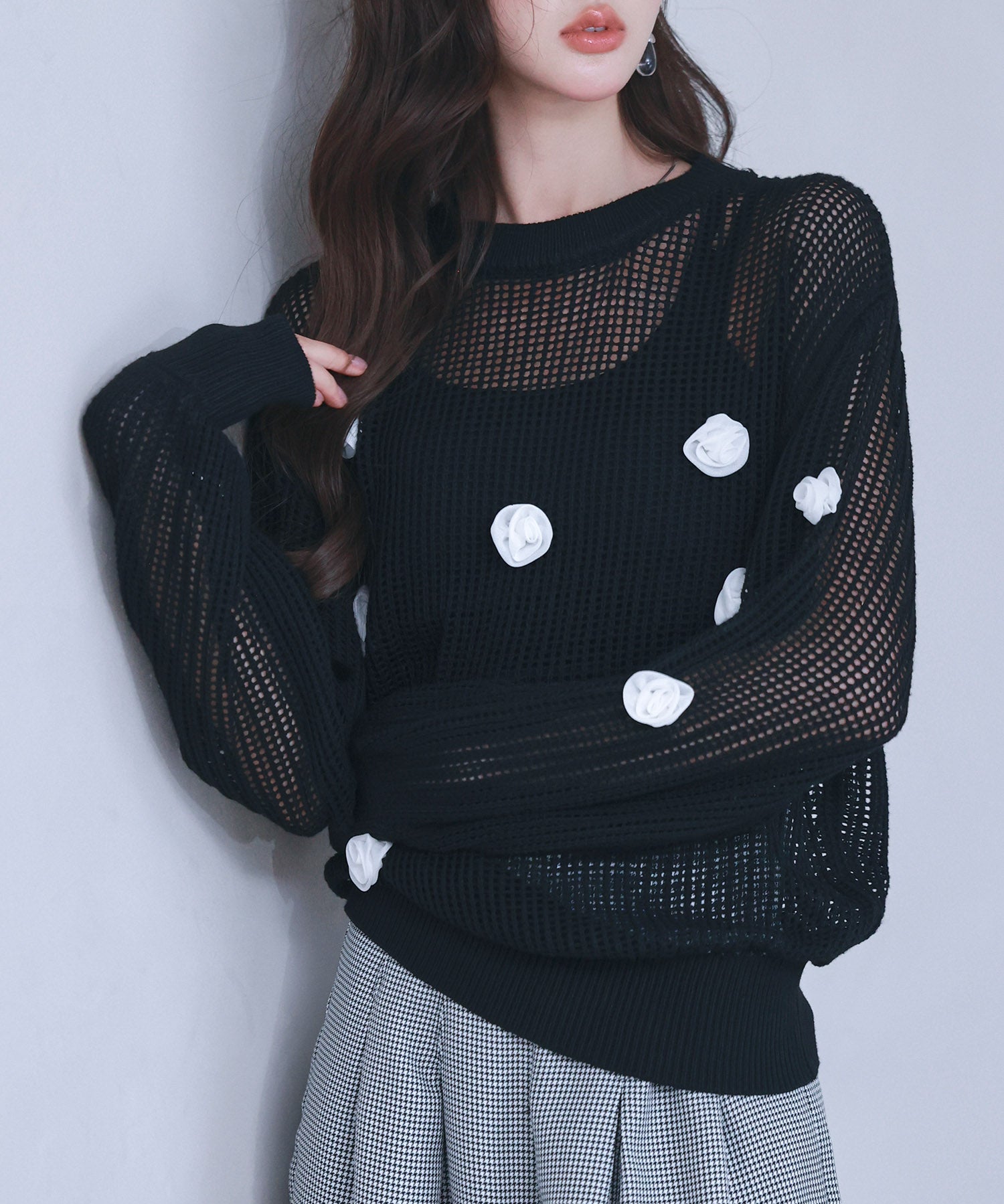 透かし編みモチーフニットプルオーバーsdp8054 ブラック