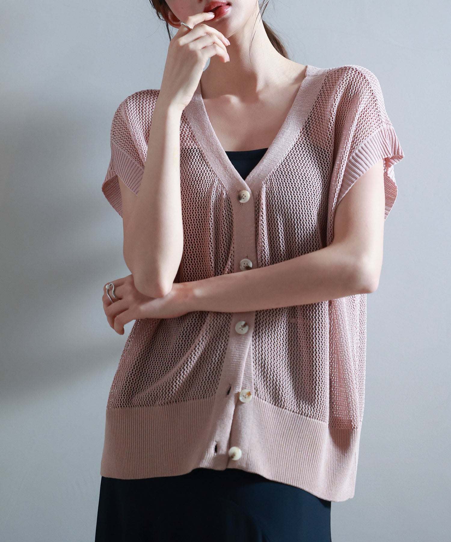 【4way】透かし編みニットカーディガンsdp8057 サーモンピンク