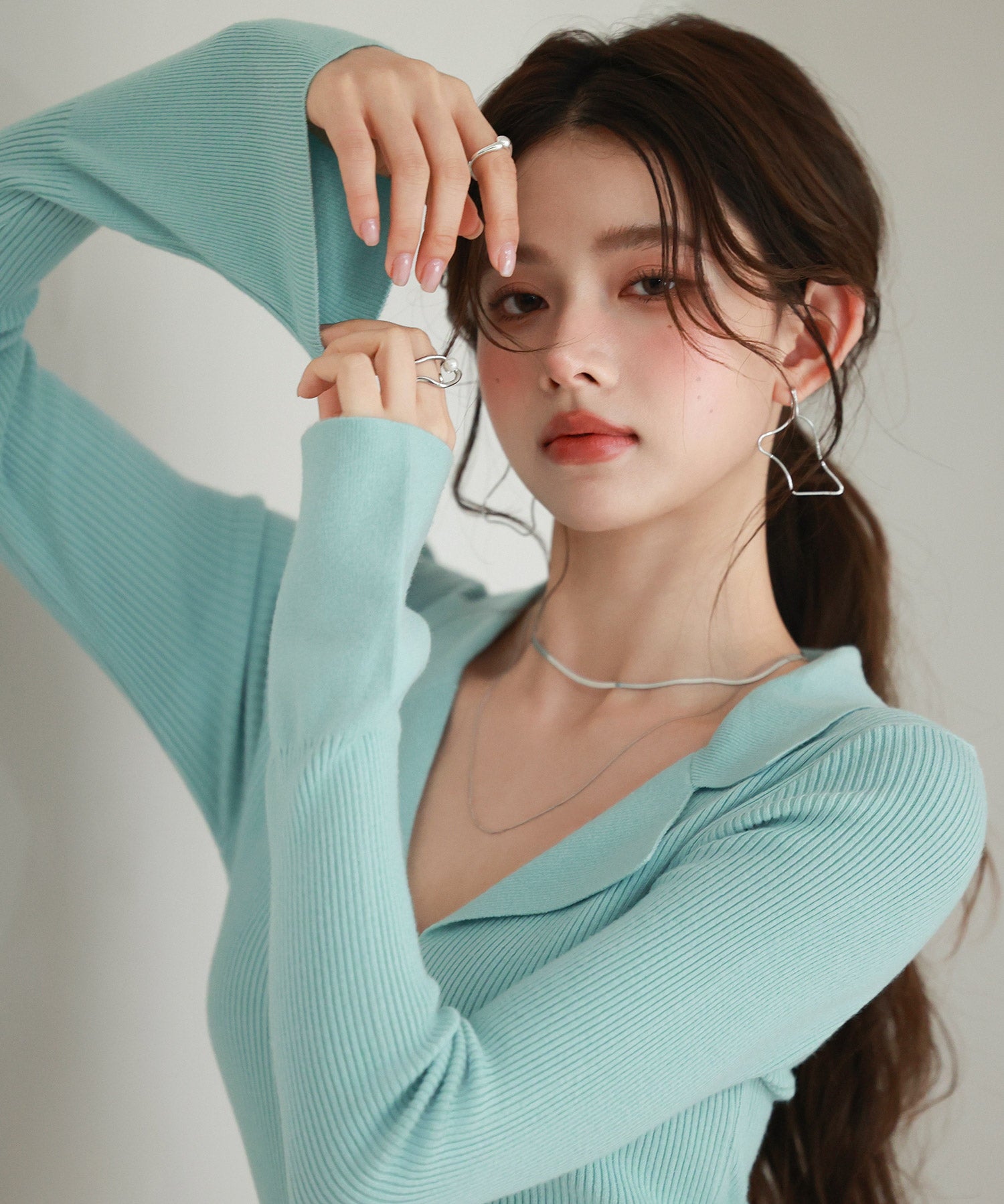 リブ編みポロネックニットプルオーバーsdp8059 グリーン